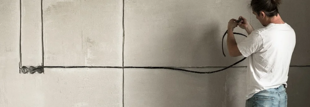 Person verlegt Stromkabel an Wand.